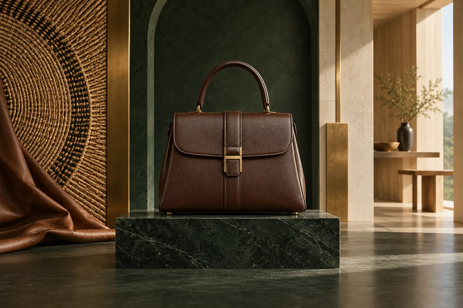 A structured leather handbag unites African, European, and North American design influences